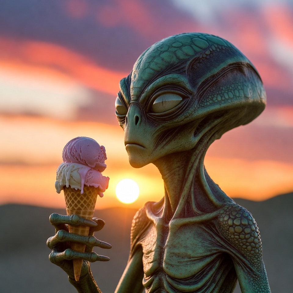 Alien enjoys ice cream at sunset Alien enjoys ice cream at sunset