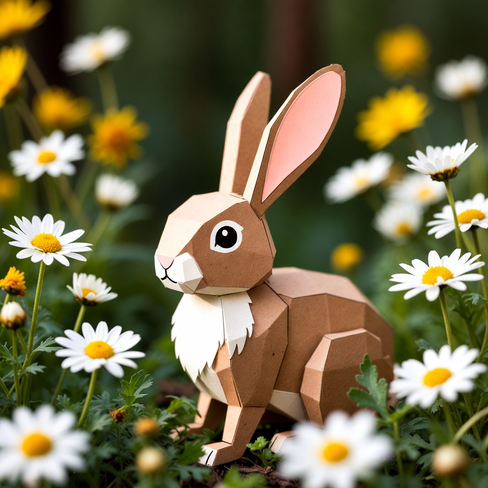 Paper rabbit in flower field Paper rabbit in flower field