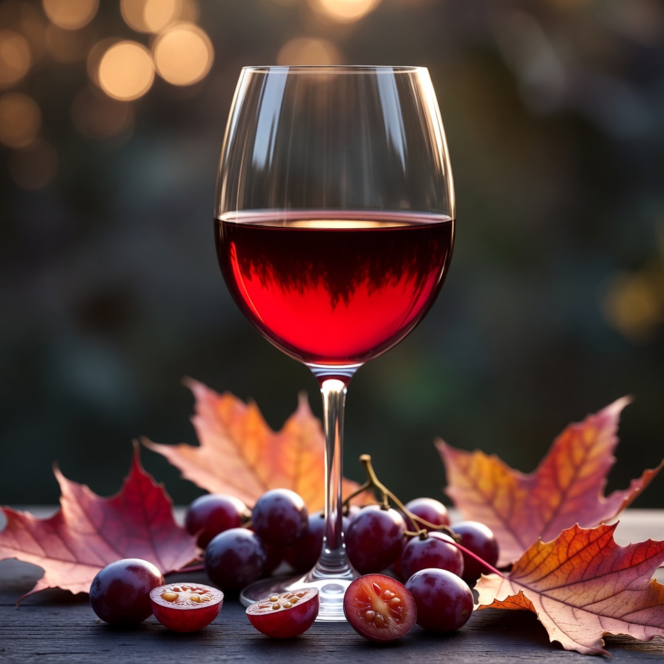 Wine glass with grapes at sunset Wine glass with grapes at sunset