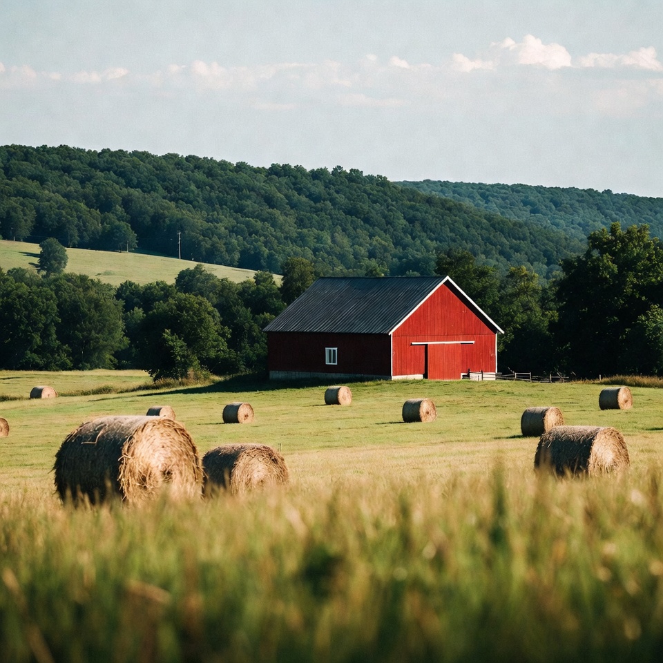 Red barn in green field with hay bales Red barn in green field with hay bales