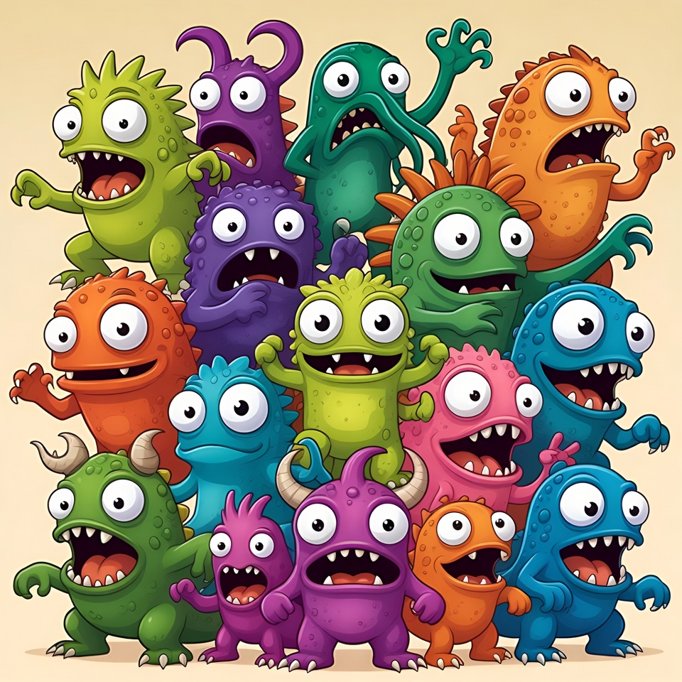 Group of colorful cartoon monsters together Group of colorful cartoon monsters together