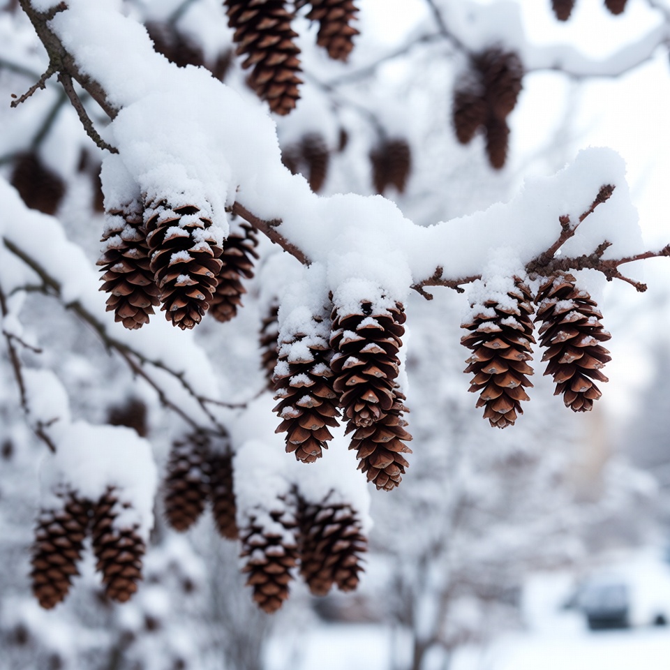Snow-covered pine cones in winter Snow-covered pine cones in winter