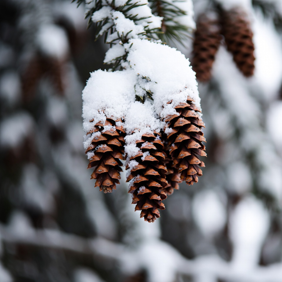 Snow covers pine cones in winter forest Snow covers pine cones in winter forest