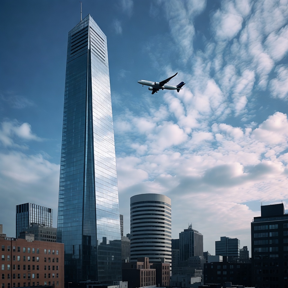 Airplane flying near city skyline Airplane flying near city skyline