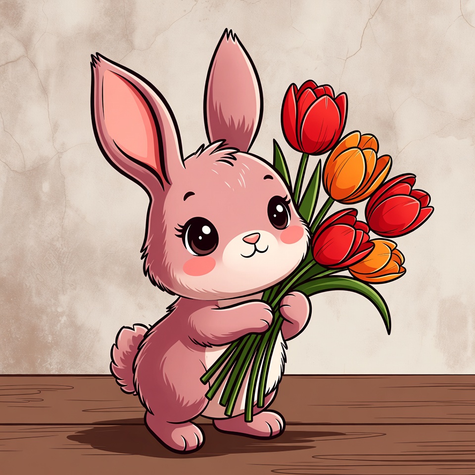 Cute bunny holding colorful flowers Cute bunny holding colorful flowers