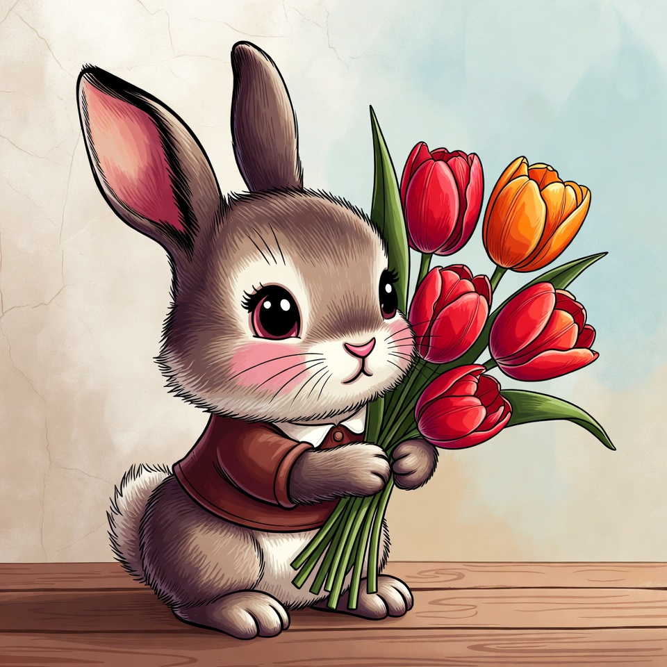 Cute rabbit holds flowers Cute rabbit holds flowers