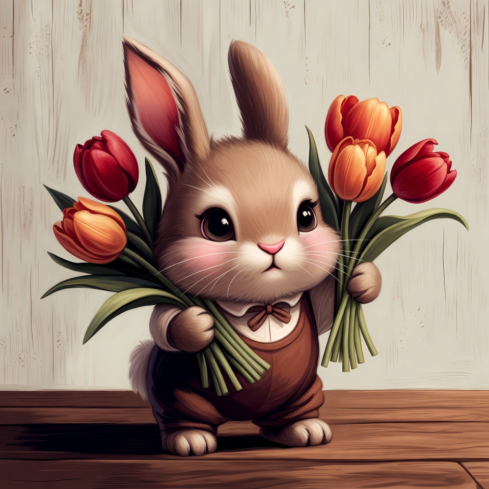 Bunny holding tulips in a cozy setting Bunny holding tulips in a cozy setting