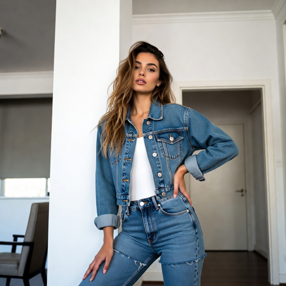 Model poses in denim outfit at home setting Model poses in denim outfit at home setting