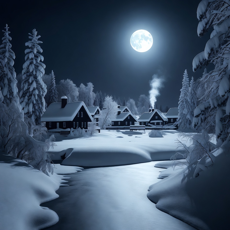 Winter night in a snowy village Winter night in a snowy village
