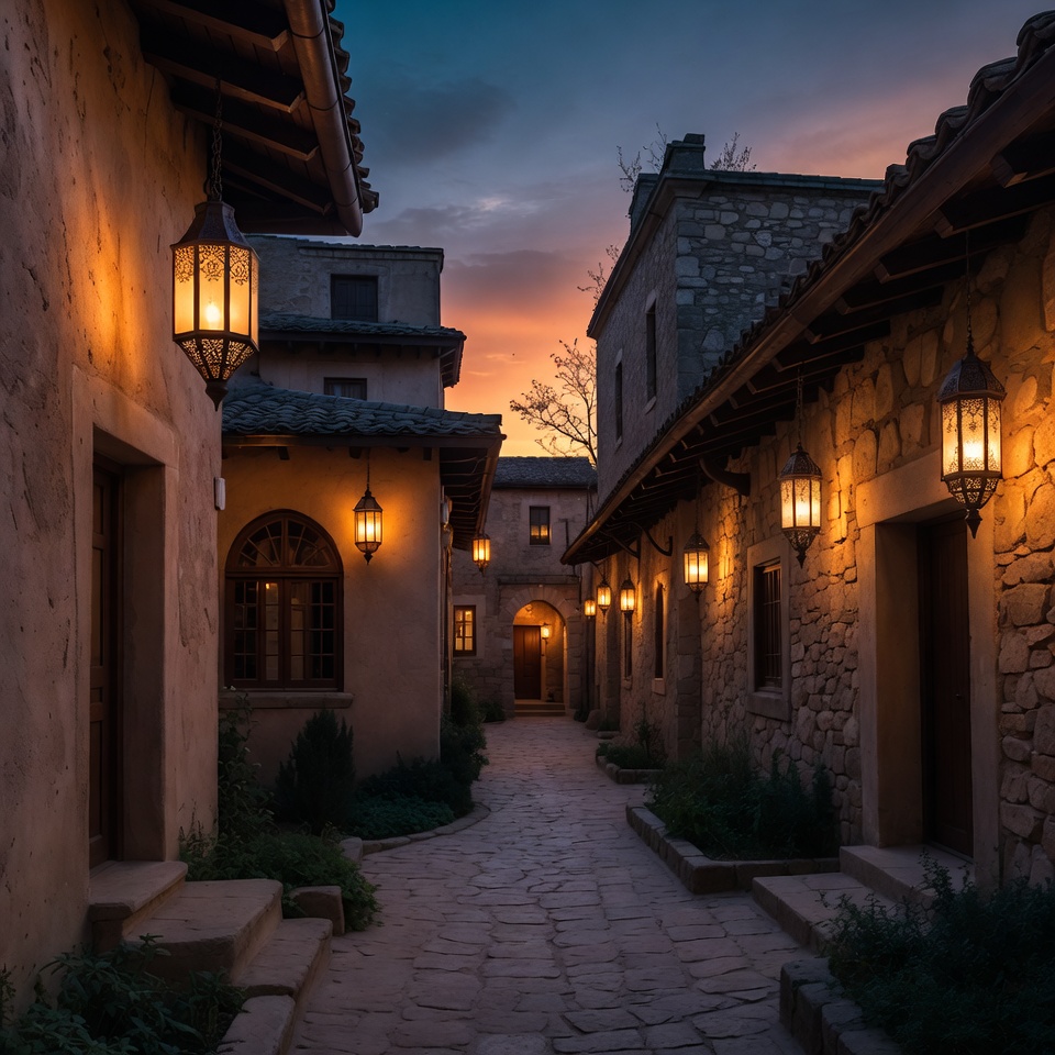 Pathway lit by lanterns at dusk Pathway lit by lanterns at dusk