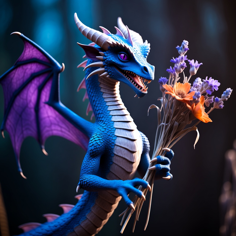 Dragon holding flowers in dark forest Dragon holding flowers in dark forest