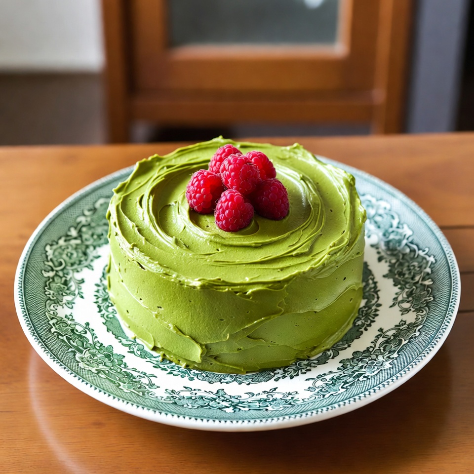 Green cake with raspberries on plate Green cake with raspberries on plate