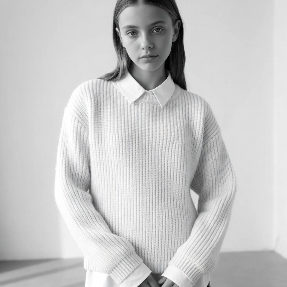 Model poses in simple sweater indoors Model poses in simple sweater indoors