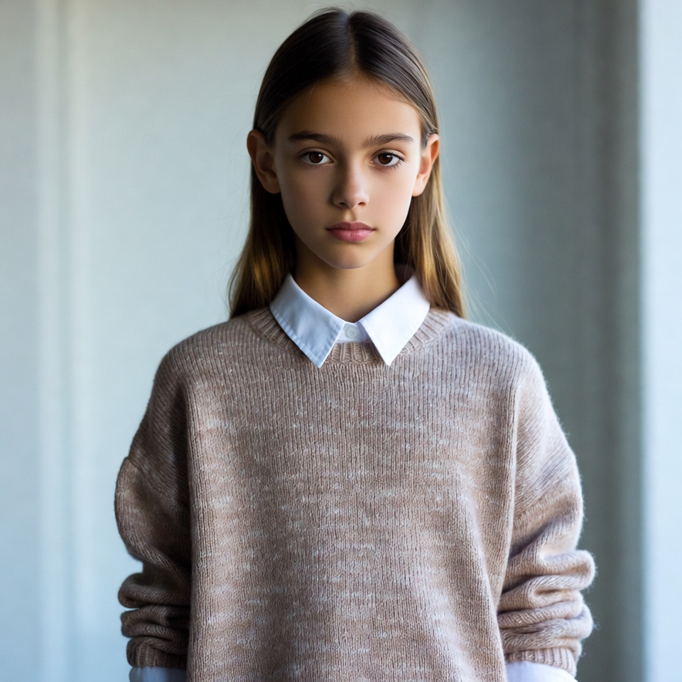 Young girl in sweater indoors Young girl in sweater indoors