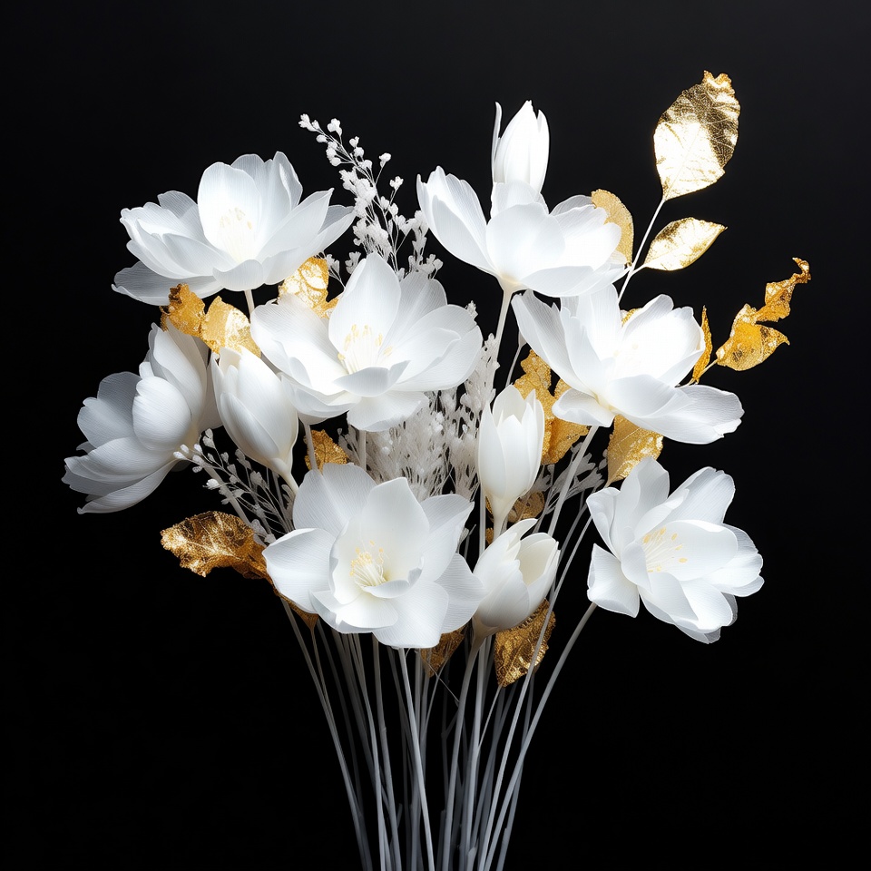 White flowers with gold accents on dark background White flowers with gold accents on dark background