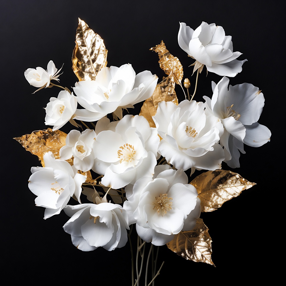 Gold-leafed white flowers on black Gold-leafed white flowers on black