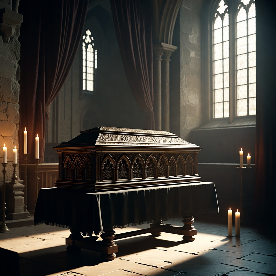Wooden coffin in dark church Wooden coffin in dark church