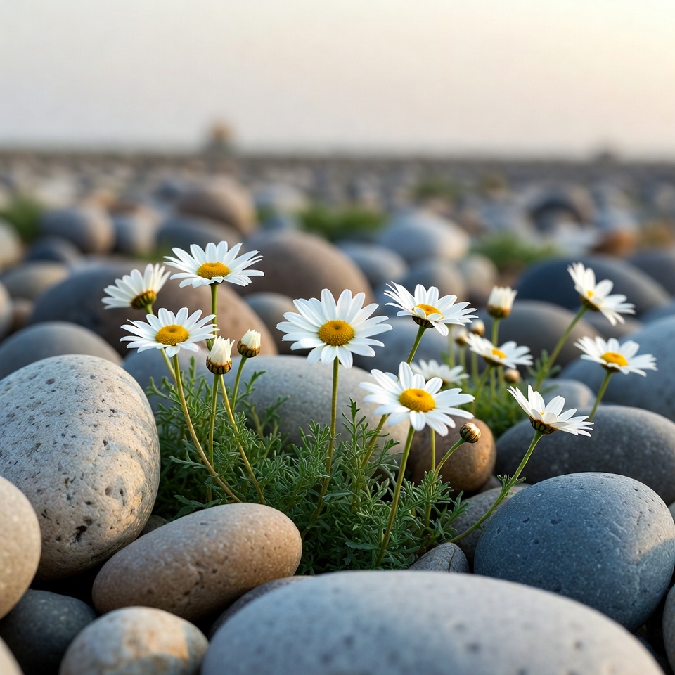 Daisies blooming among pebbles Daisies blooming among pebbles