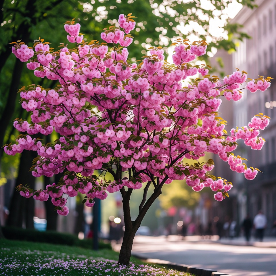 Blooming pink tree in the city Blooming pink tree in the city