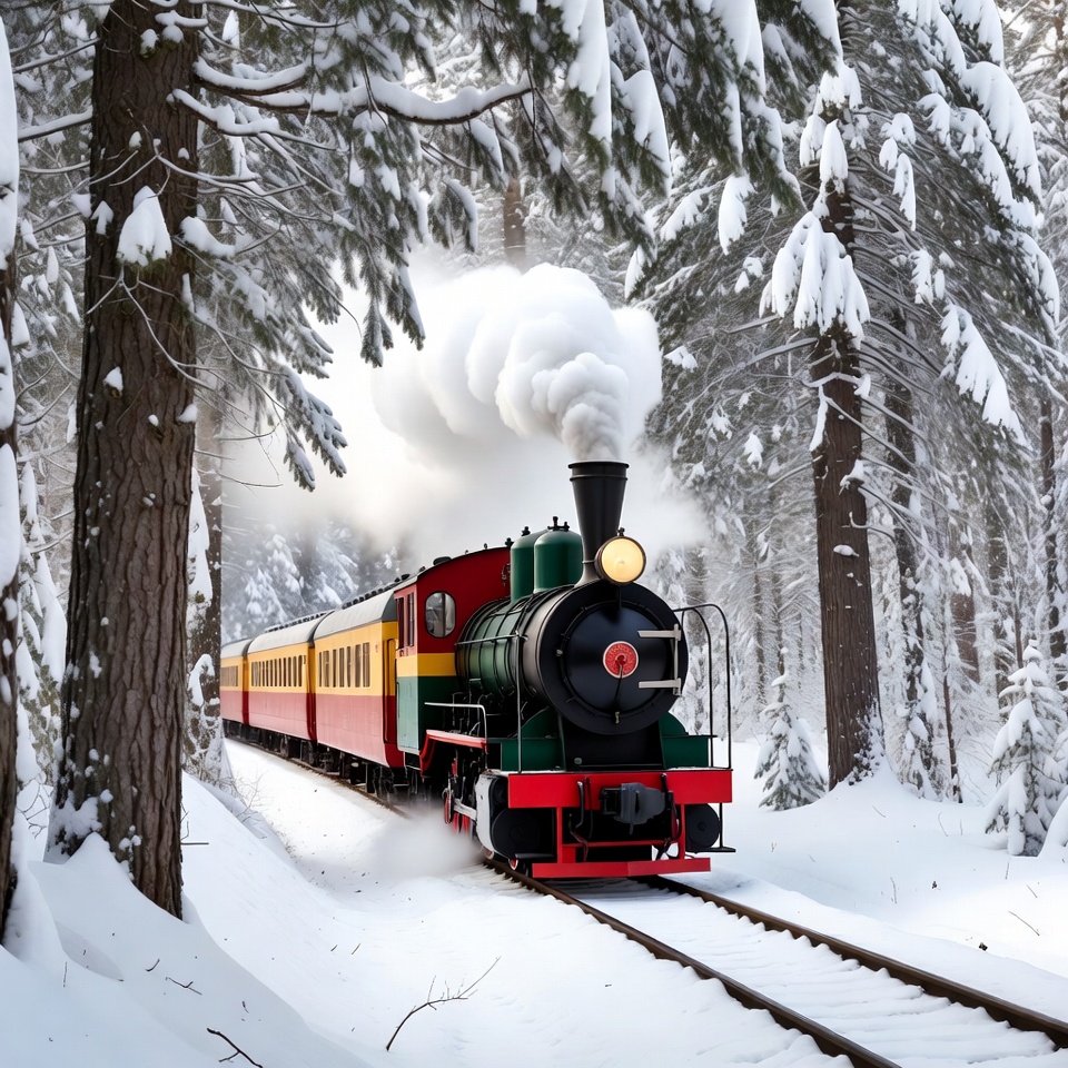 Steam train travels through snowy forest Steam train travels through snowy forest