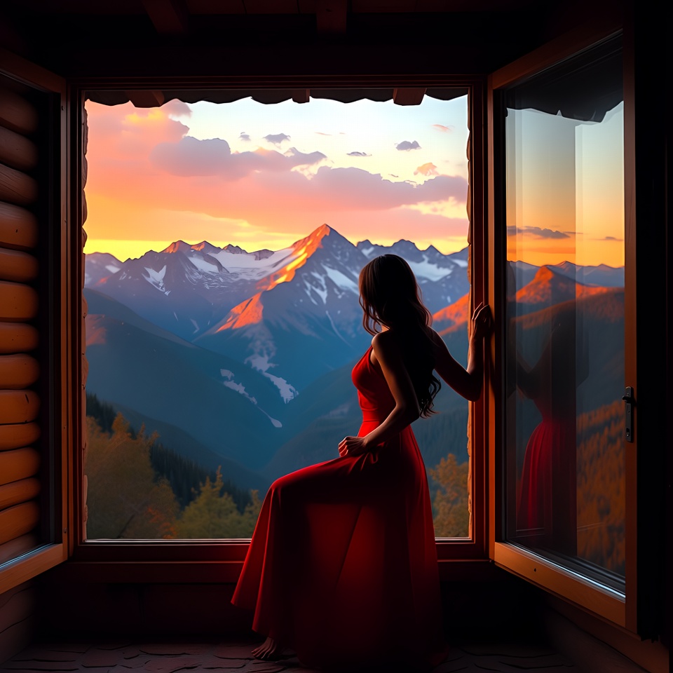 Woman by the window at sunset Woman by the window at sunset
