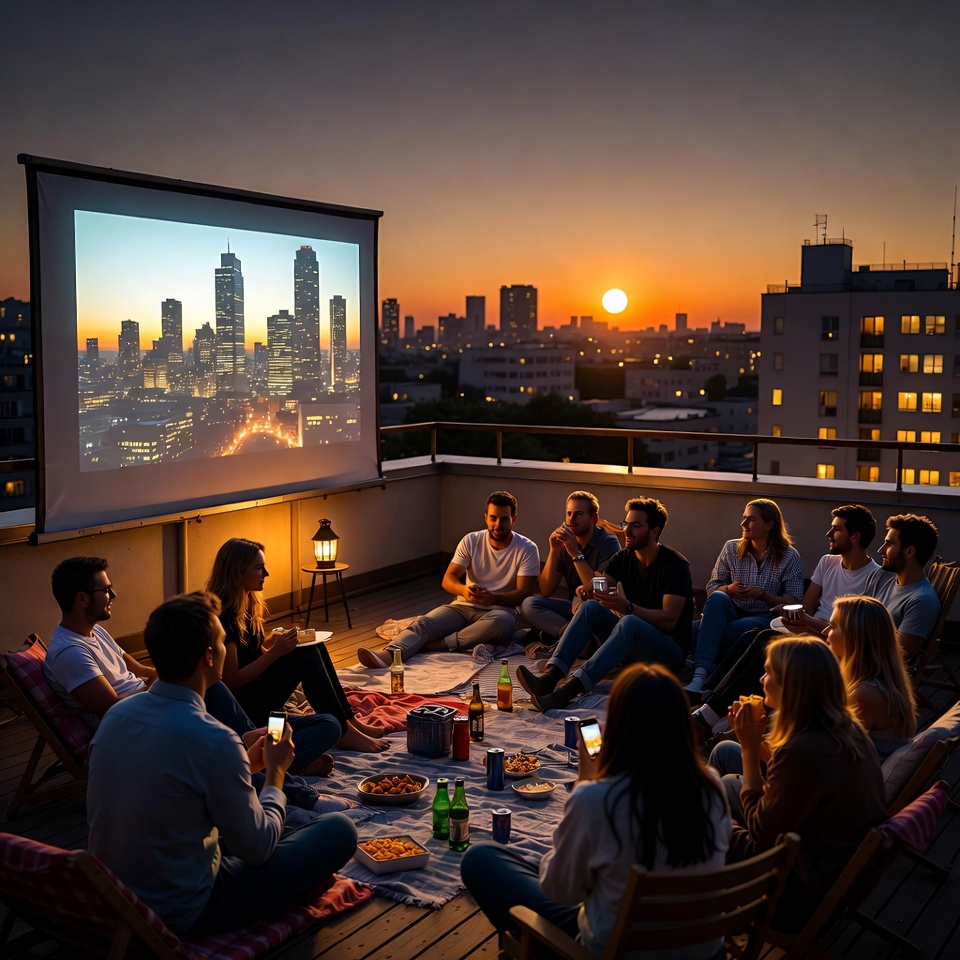 Outdoor movie night with friends on rooftop Outdoor movie night with friends on rooftop