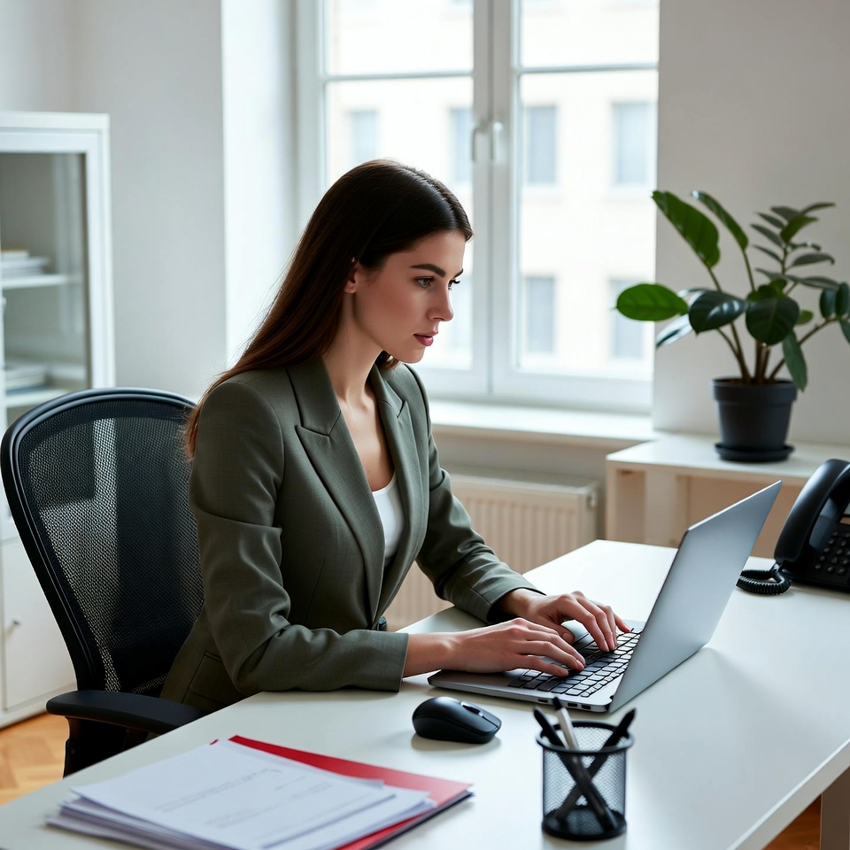 Woman works at desk in office Woman works at desk in office