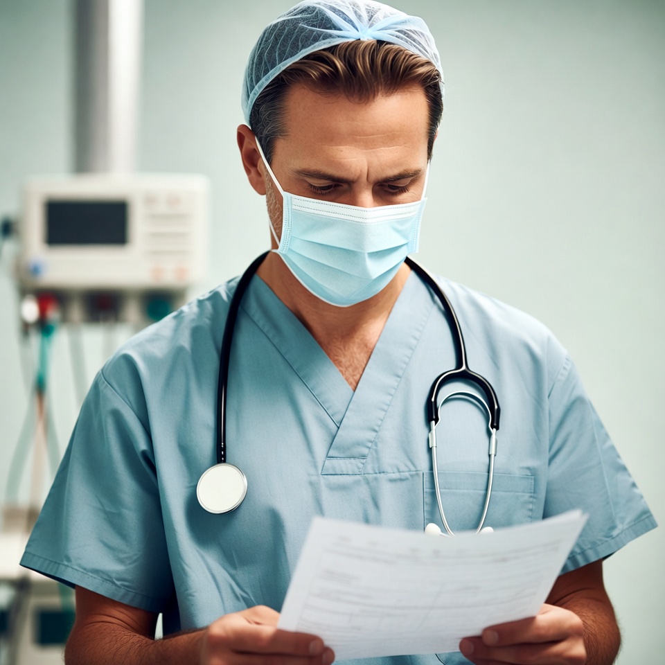 Doctor reviewing patient information in clinic Doctor reviewing patient information in clinic
