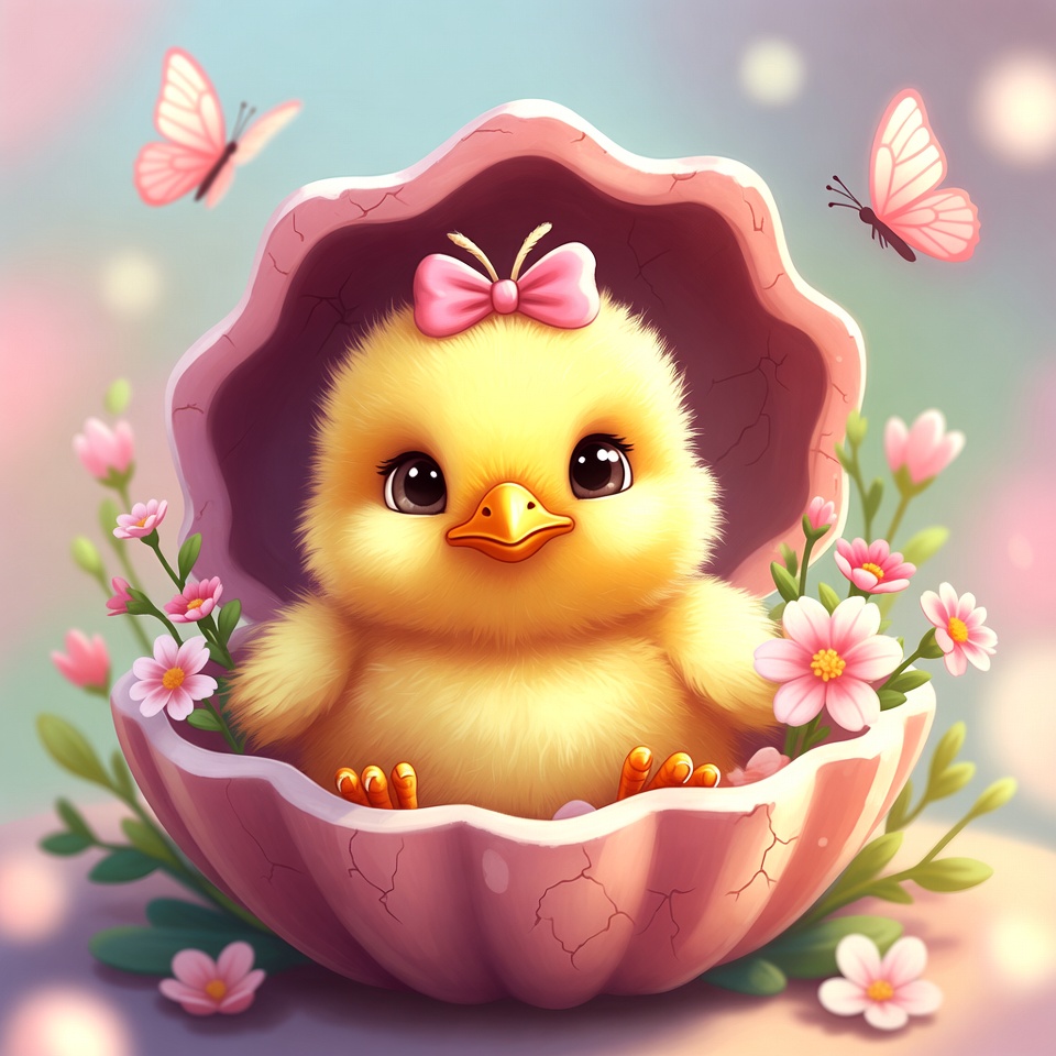 Chick in shell surrounded by flowers Chick in shell surrounded by flowers