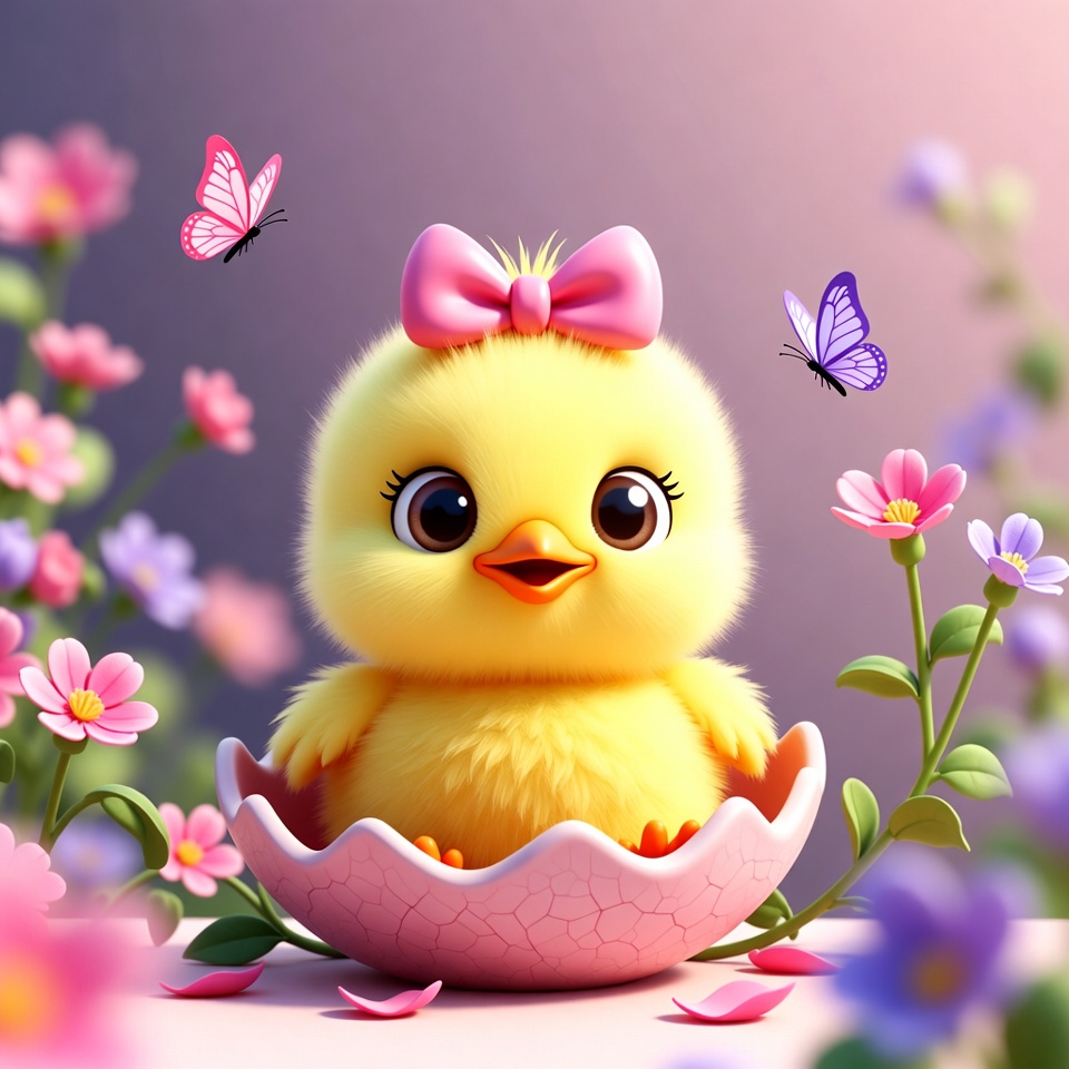 Cute chick in flower garden Cute chick in flower garden