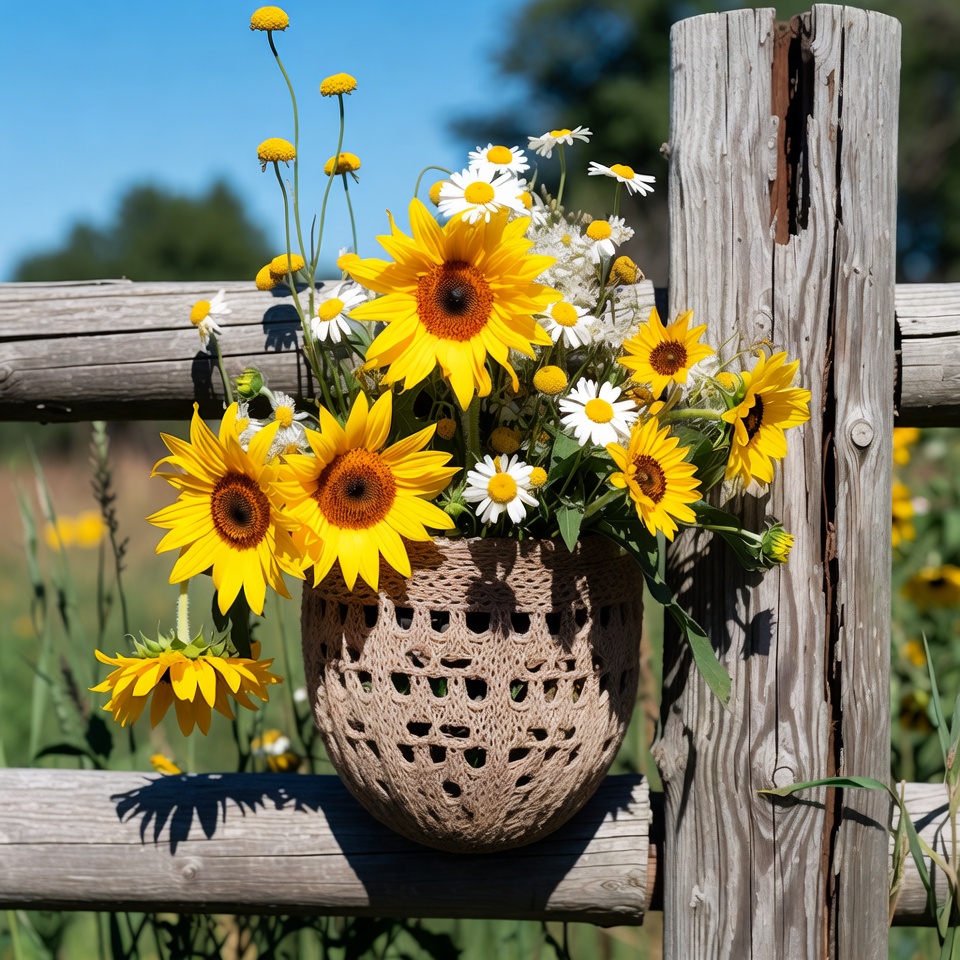 Bright sunflowers on a fence Bright sunflowers on a fence