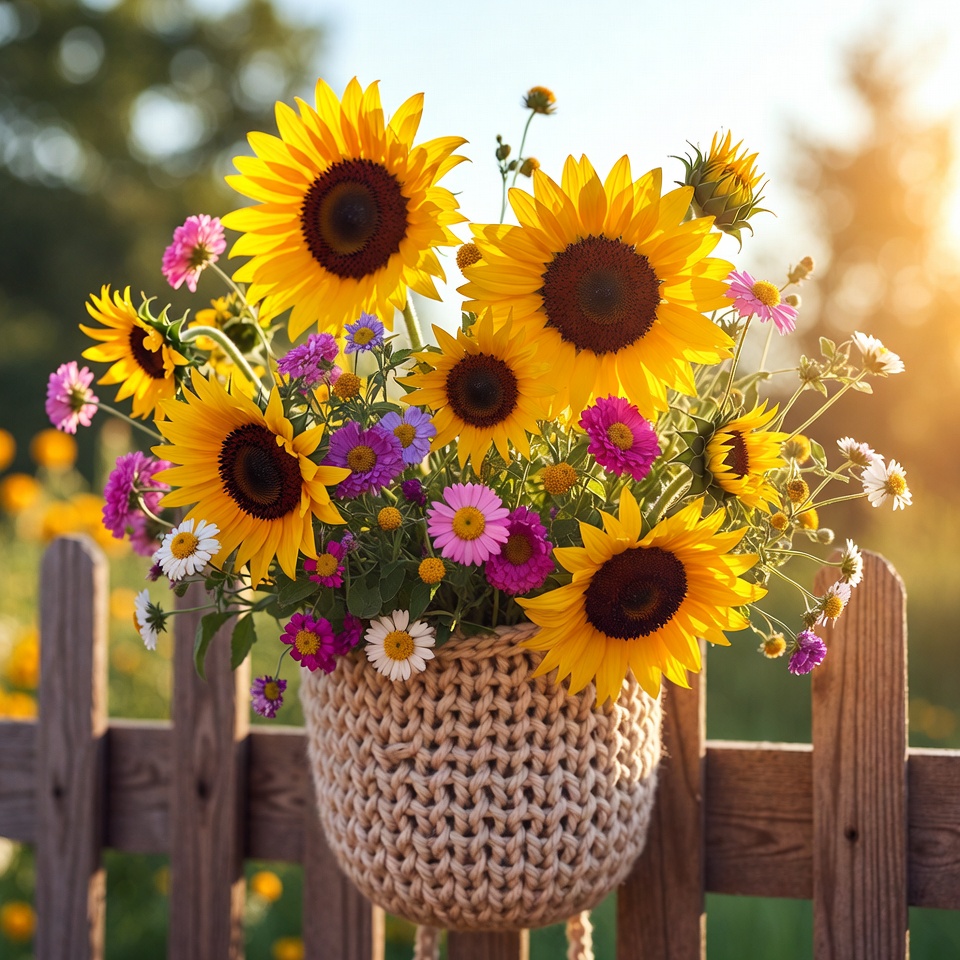 Sunflowers in a woven basket Sunflowers in a woven basket