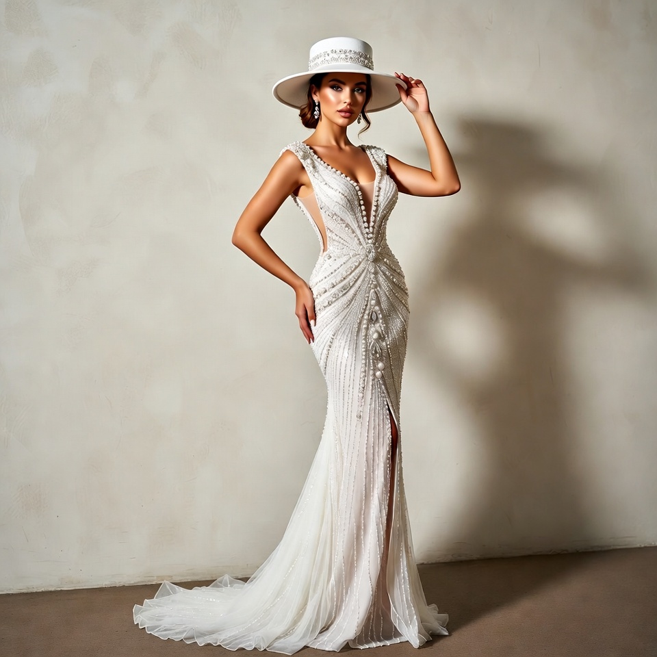 Woman in white dress poses in studio Woman in white dress poses in studio