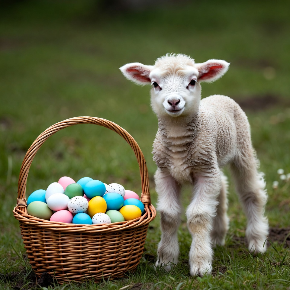 Lamb stands beside colorful easter eggs Lamb stands beside colorful easter eggs
