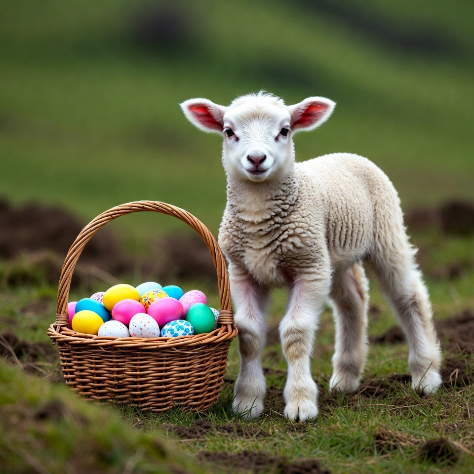 Lamb next to easter egg basket Lamb next to easter egg basket