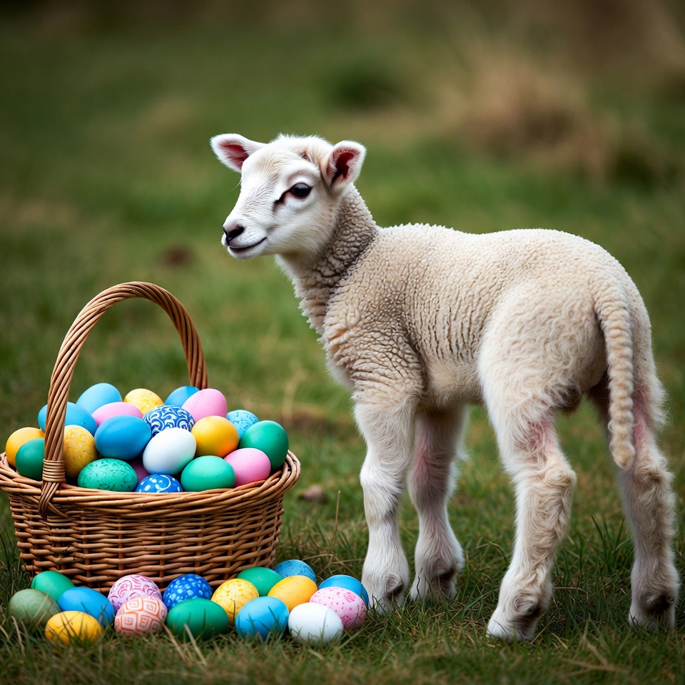 Easter lamb beside colorful eggs Easter lamb beside colorful eggs