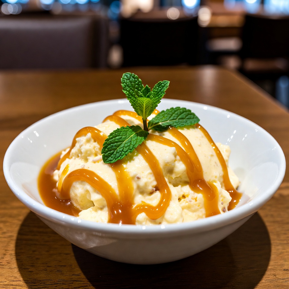 Delicious dessert served with caramel sauce Delicious dessert served with caramel sauce