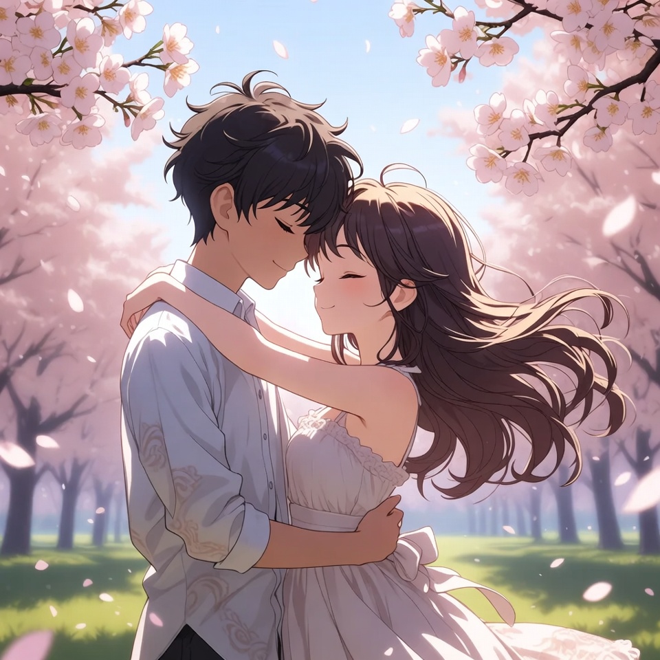 Couple under cherry blossom trees Couple under cherry blossom trees