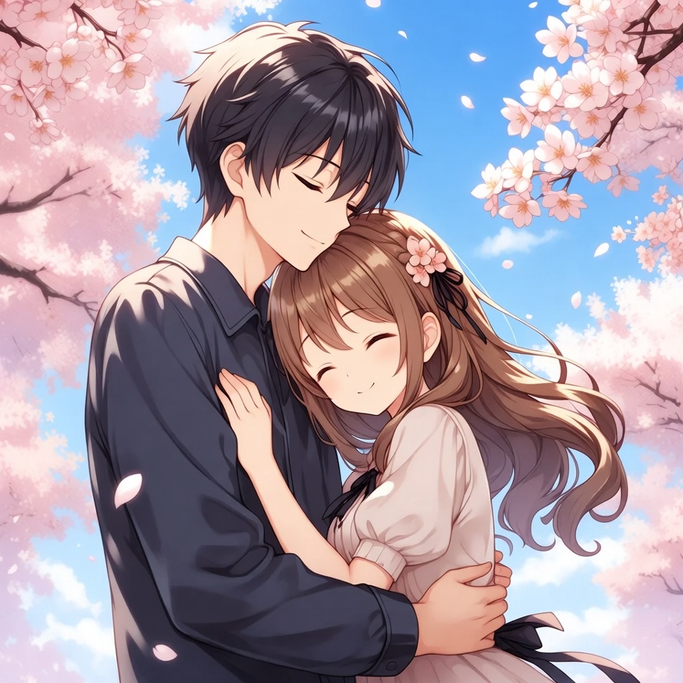 Young couple embraces under cherry blossoms Young couple embraces under cherry blossoms