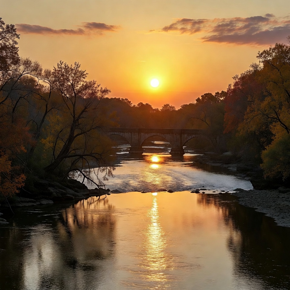 Sunset over river and bridge Sunset over river and bridge