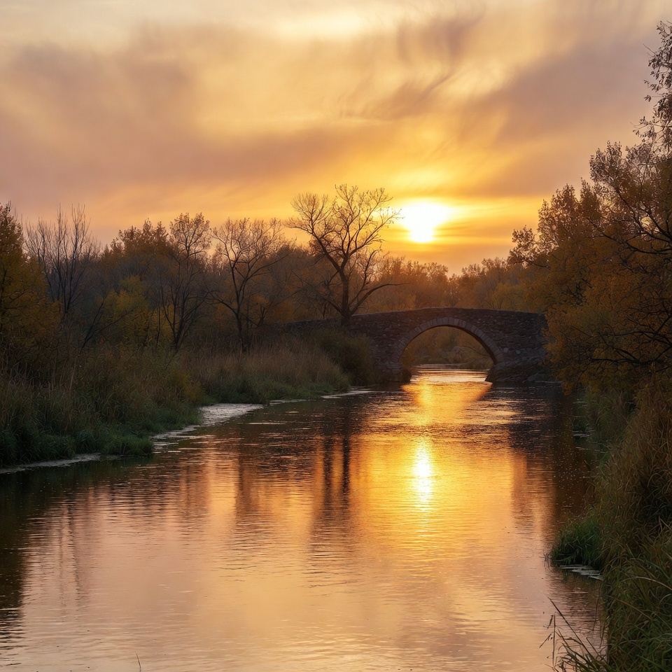 Sunset over the river and bridge Sunset over the river and bridge