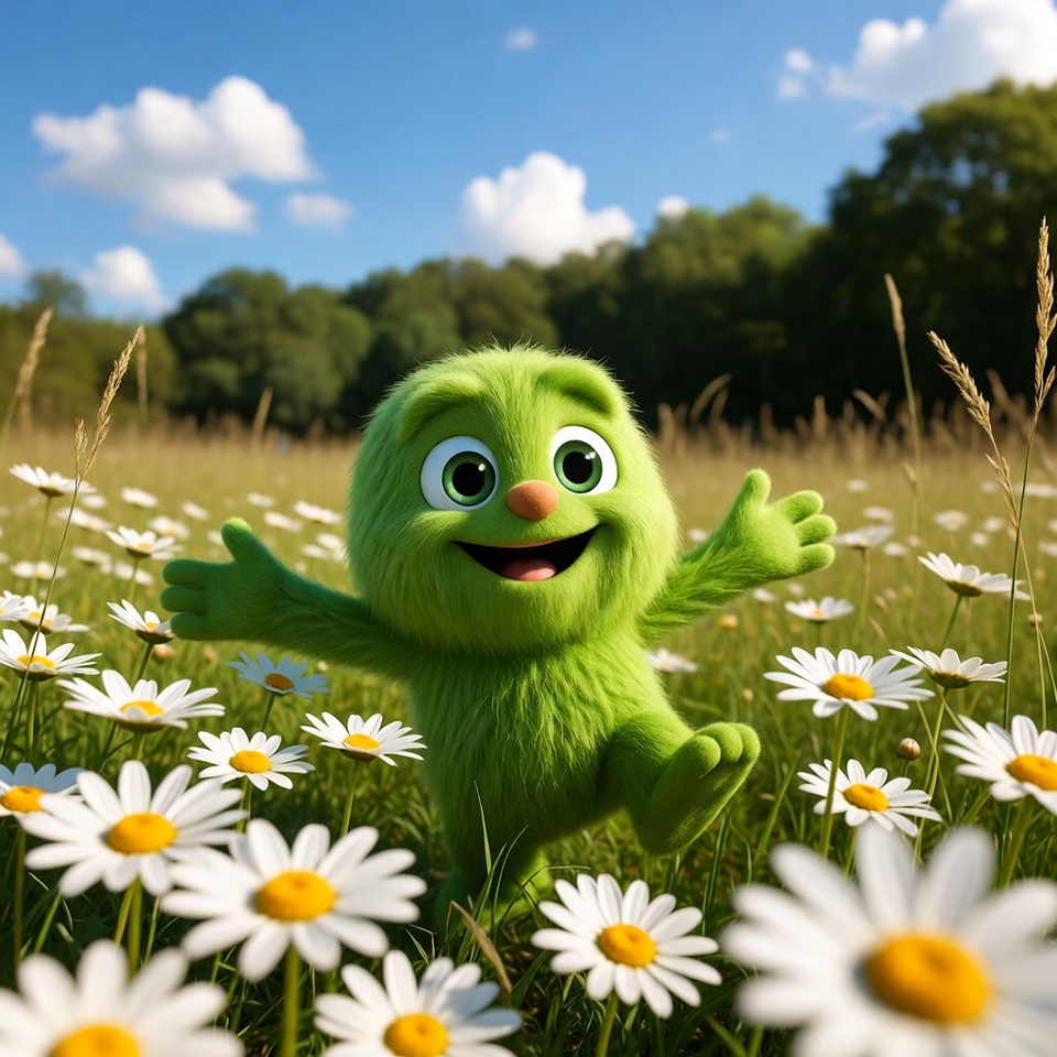 Green character plays in flower field Green character plays in flower field