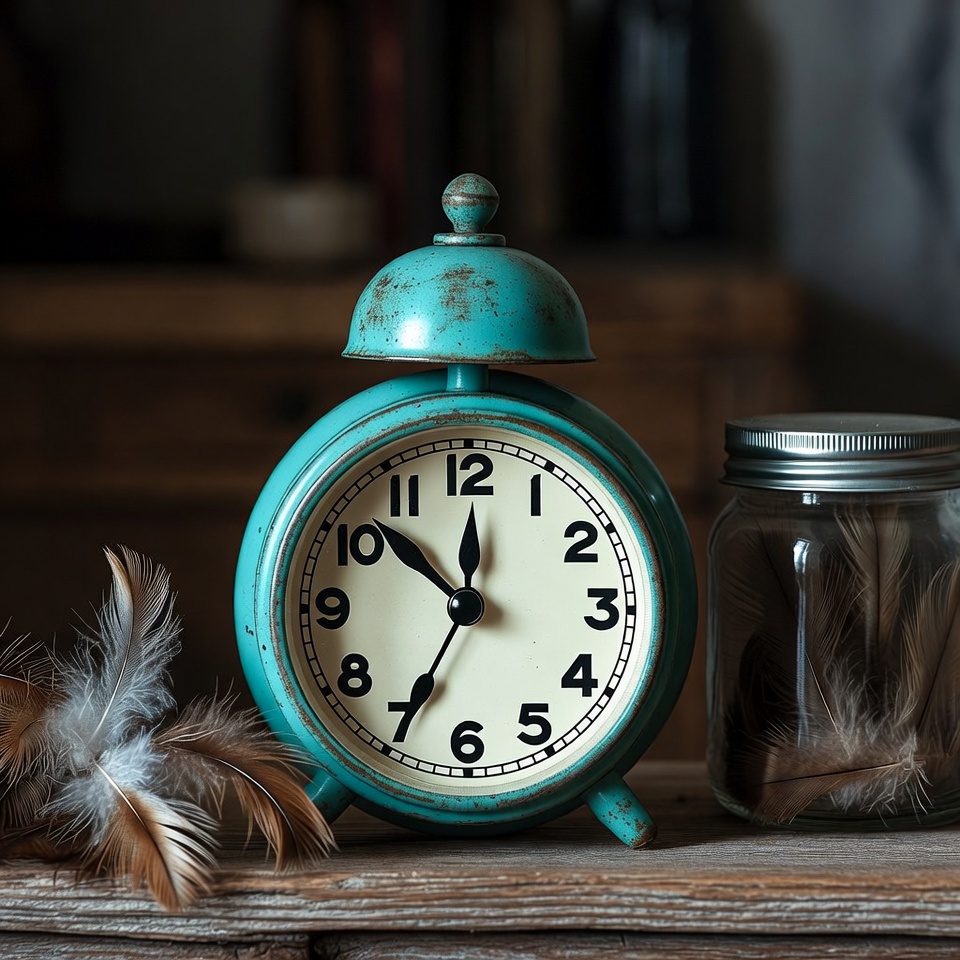 Vintage clock and feathers on table Vintage clock and feathers on table