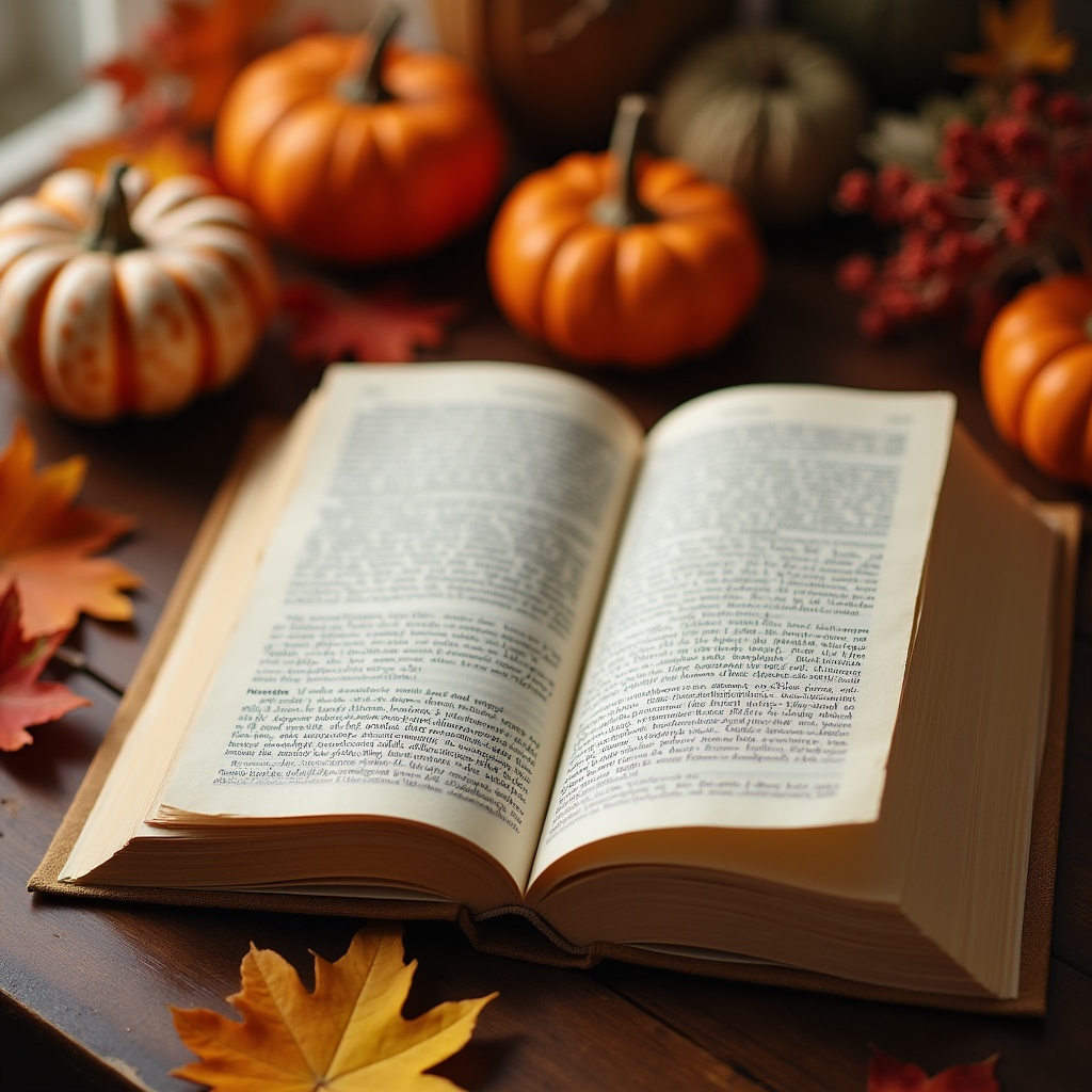 Open book with pumpkins and leaves Open book with pumpkins and leaves