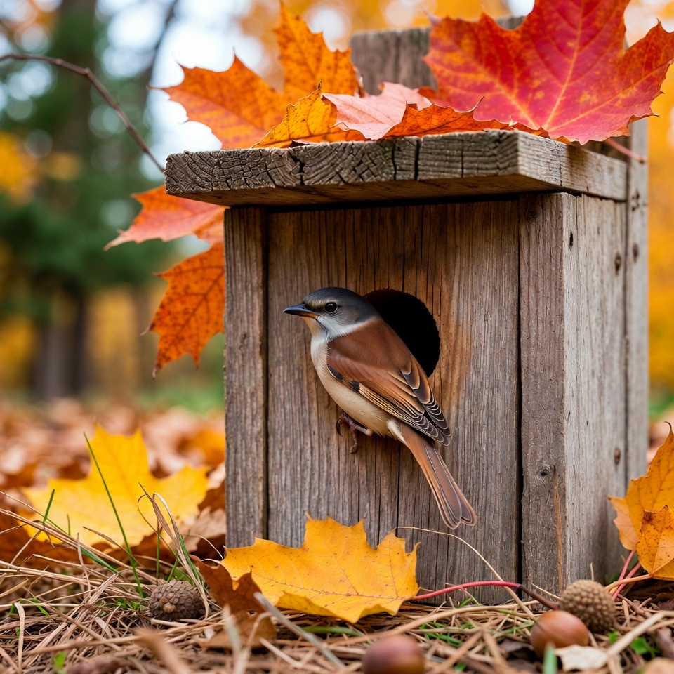 Bird at wooden nest in autumn Bird at wooden nest in autumn