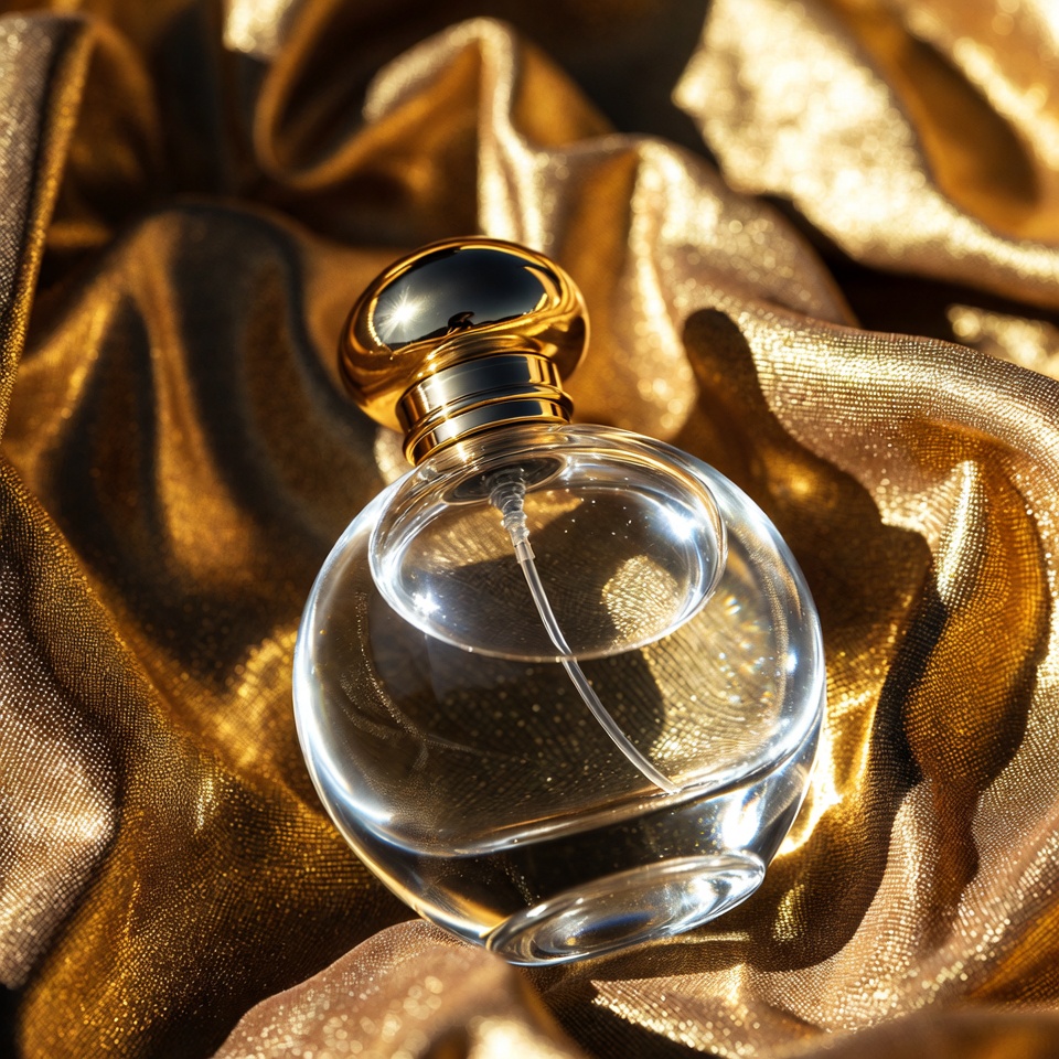 Clear perfume bottle on golden fabric Clear perfume bottle on golden fabric