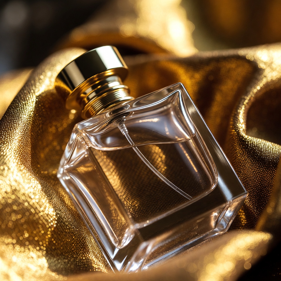 Clear glass bottle on gold fabric Clear glass bottle on gold fabric