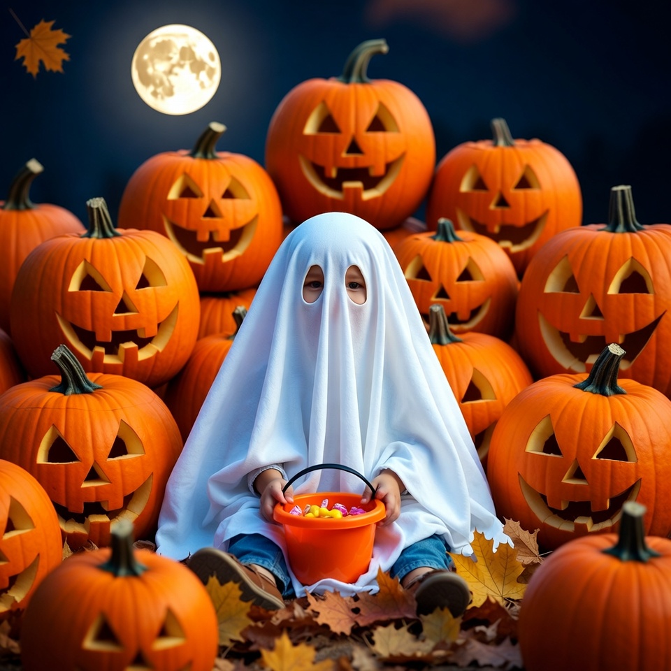 Child in ghost costume with pumpkins Child in ghost costume with pumpkins