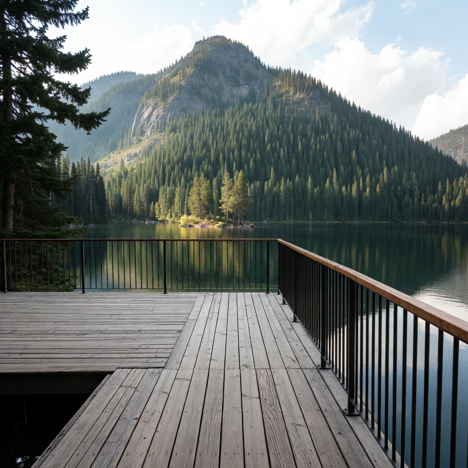 View of mountain and lake from deck View of mountain and lake from deck