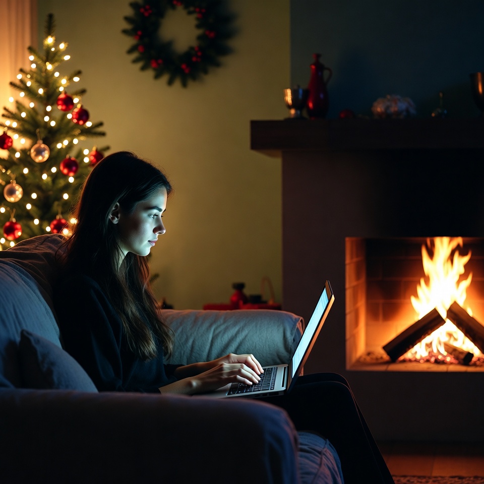 Woman using laptop by fire Woman using laptop by fire